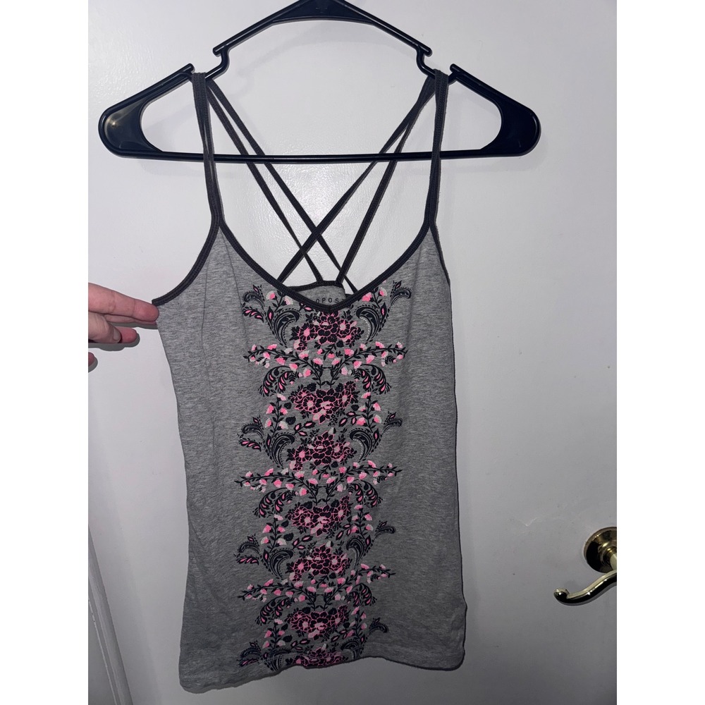 Aeropostale Gray Pink Floral Strappy V-Neck Cami Tank Top Medium